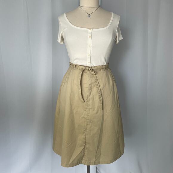 Vintage Wrangler Skirt Size 14 Khaki Tan A Line Midi High Rise Minimalist Retro - Picture 2 of 16